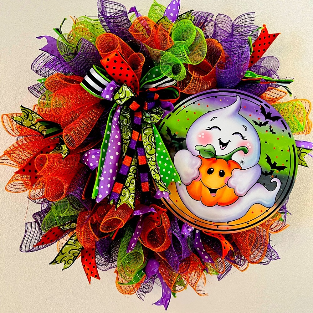 Colorful Halloween Ghost Wreath